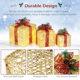 Set of 3 Golden Gift Box Christmas Decorations with Lights, 6, 8 and 10 Inch, 5M Cord – Indoor and Outdoor