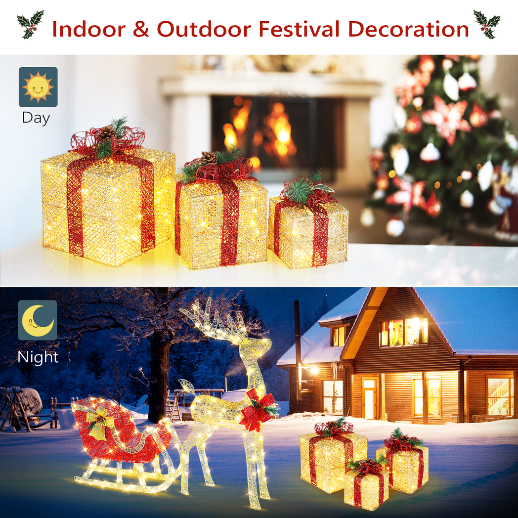 Set of 3 Golden Gift Box Christmas Decorations with Lights, 6, 8 and 10 Inch, 5M Cord – Indoor and Outdoor