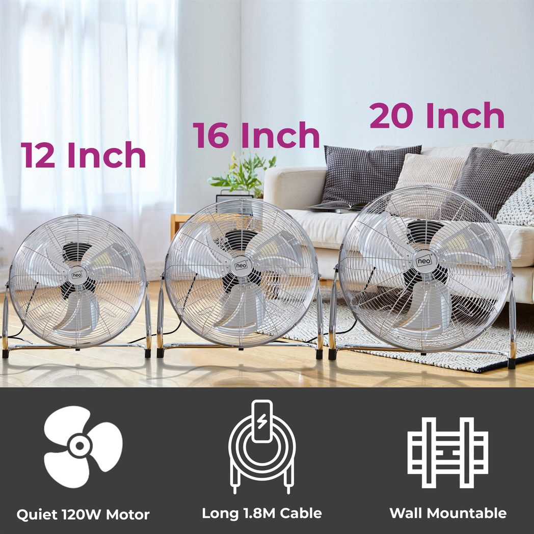 Neo 16 Inch High Velocity Chrome Metal Floor Fan with Adjustable Tilt – Home, Gym & Workshop Cooling