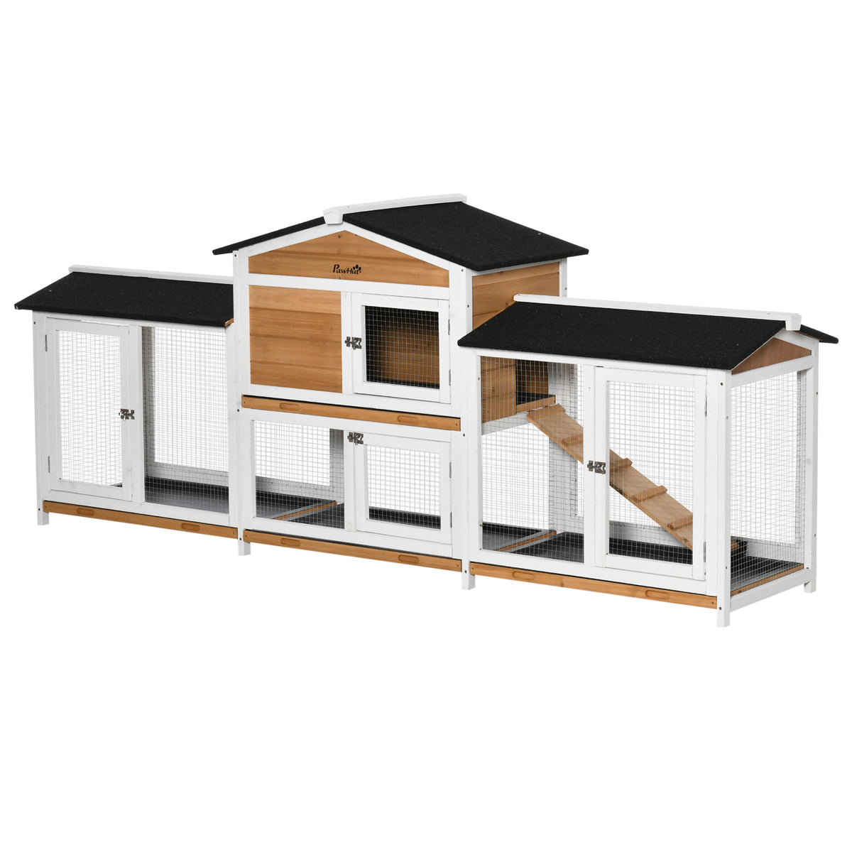 PawHut Two-Tier Wooden Rabbit Hutch with Two Runs, Slide-Out Trays & Ramp – Outdoor Guinea Pig Hutch