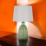 AcaciaHome Cream Ceramic Table Lamp with Drum Shade – Durable Striped Design, Handmade Shade