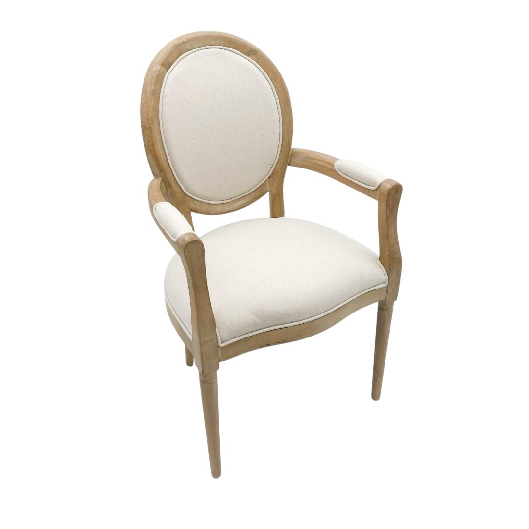 Louis-Style Cream Linen Armchair with High Back – 94cm French Dining Chair, Grey Frame