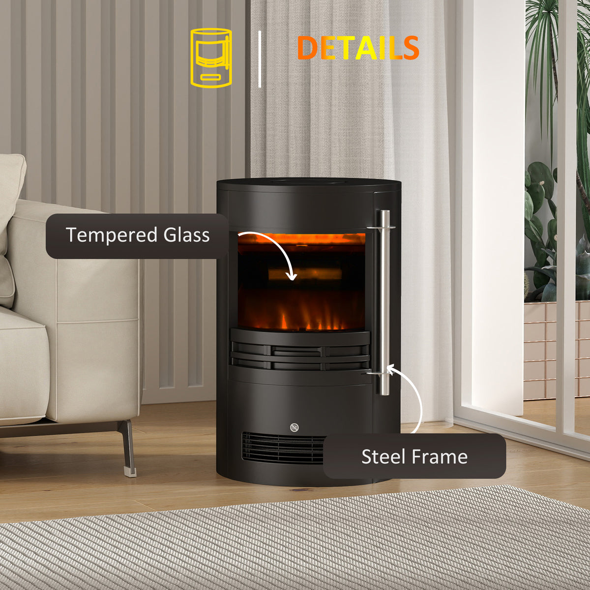HOMCOM Electric Fireplace Heater with LED Flame Effect, 900W/1800W – Adjustable Thermostat, Black