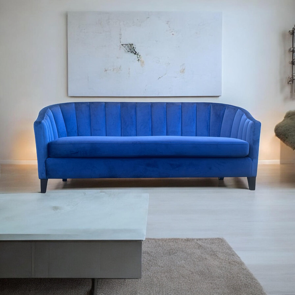 AcaciaHome 3-Seater Velvet Tub Sofa with Drop Arms and Medium-Firm Foam – Living Room Seating, Blue Velvet