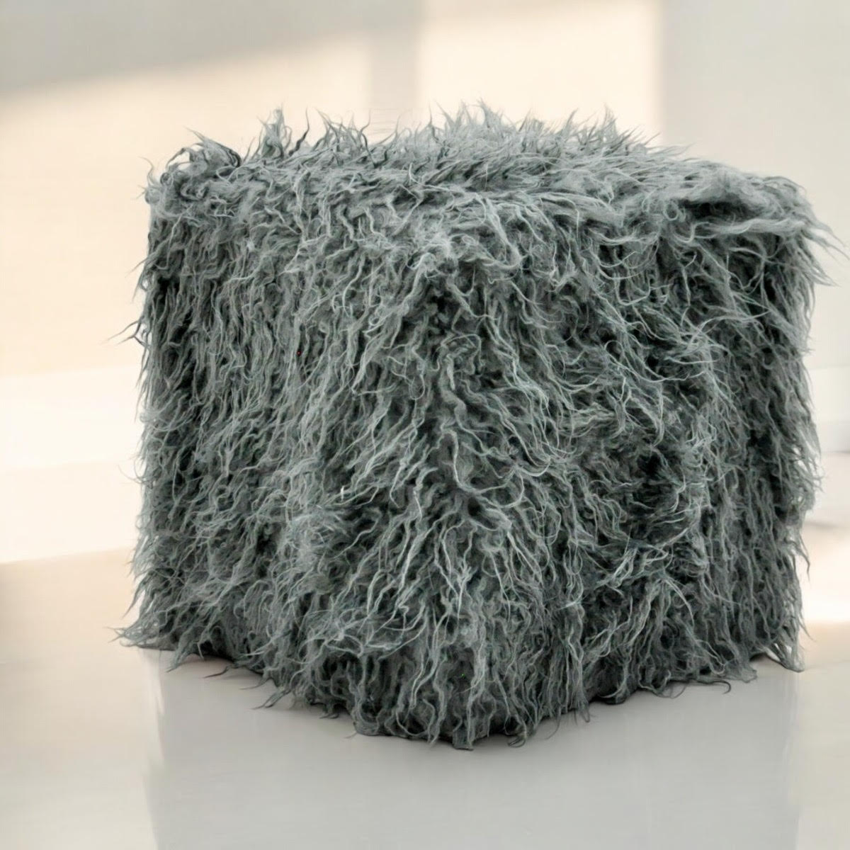 Dark Grey Faux Fur Cube Ottoman Footstool, 38cm – Super-Soft Sponge-Padded Footrest for Home or Office