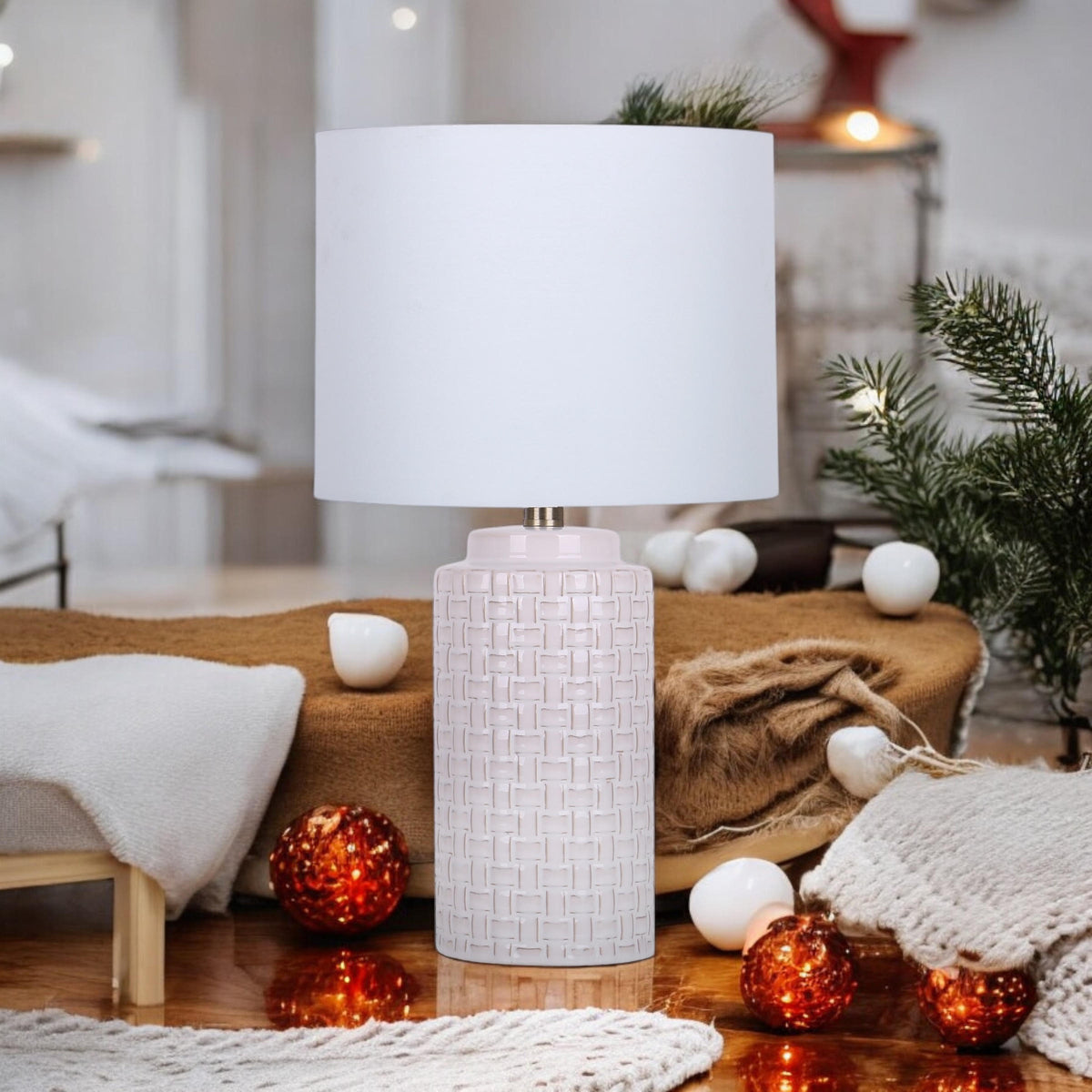 Cream Ceramic Striped Table Lamp with Handmade Drum Shade – Living Room & Bedroom Lighting