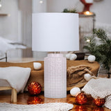 Cream Ceramic Striped Table Lamp with Handmade Drum Shade – Living Room & Bedroom Lighting