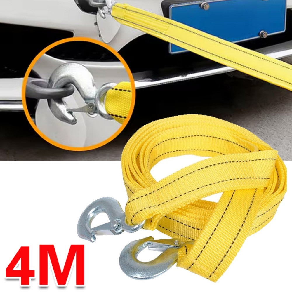 Heavy Duty 4m Car Tow Rope with Hooks, 3 Ton Nylon Recovery Strap – Fluorescent Yellow for Van and Road Recovery
