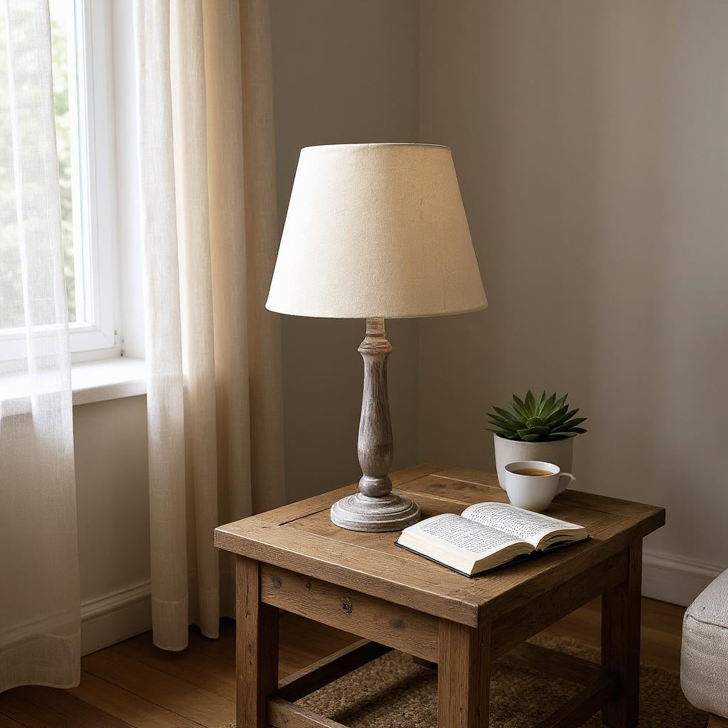 AcaciaHome Tall Wooden Washed Table Lamp, 45cm – Taupe Linen Shade, Shabby Chic for Bedroom or Living Room