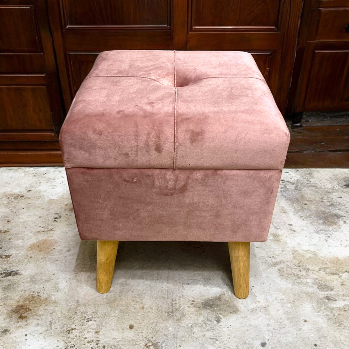 AcaciaHome Square Velvet Ottoman Footstool with Lift-Up Storage – Medium-Firm Foam Seat, Pink