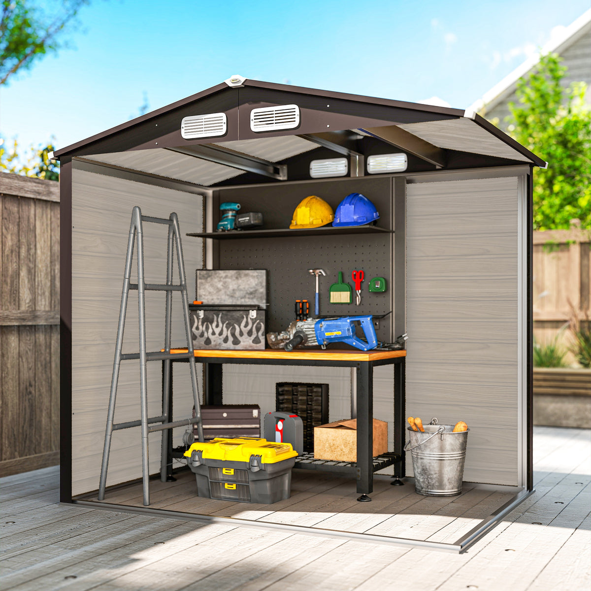 Outsunny 6.2 x 4.3ft Galvanised Steel Garden Shed with Vents & Sloped Roof – Outdoor Tool Storage, Oak