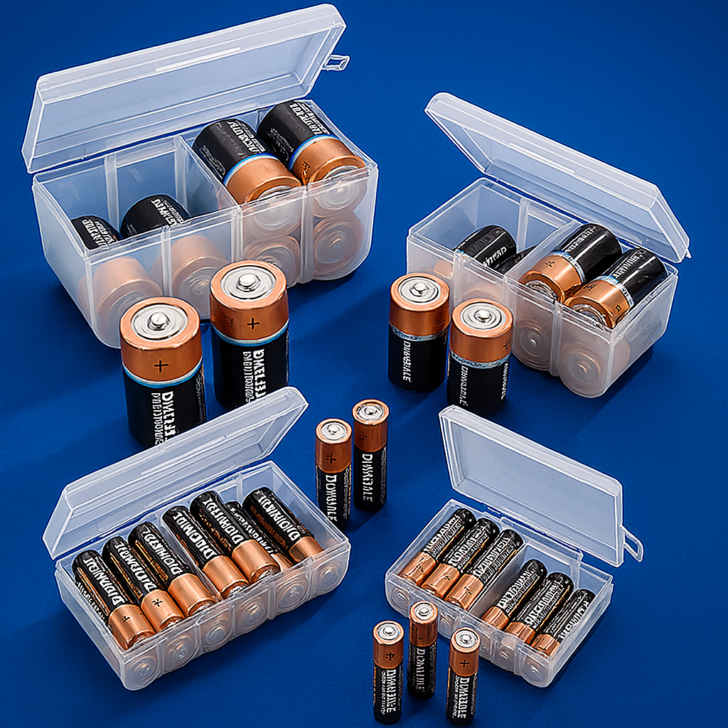Avilo Battery Organiser Set of 4 – Storage Cases for AA, C, D and Other Batteries in Four Sizes