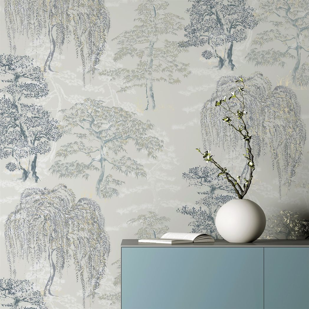 Arthouse Oriental Garden Tree Print Wallpaper – Soft Blue Feature Wall Design, Paste the Paper
