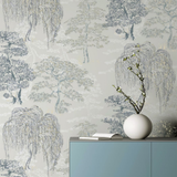 Arthouse Oriental Garden Tree Print Wallpaper – Soft Blue Feature Wall Design, Paste the Paper