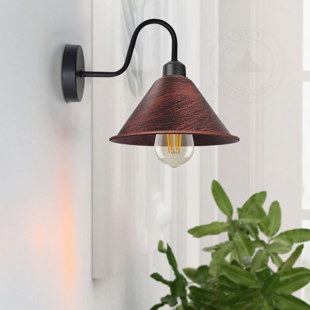 Vintage Cone Wall Light with Swan Neck and E27 Socket – Dimmable Indoor Sconce, Rustic Red