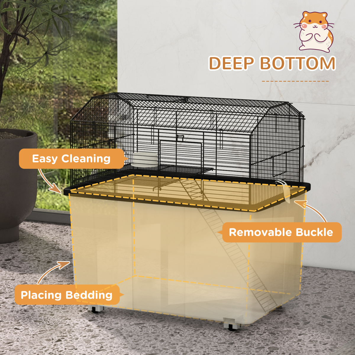 PawHut Two-Tier Hamster Cage with Deep Base, Ramp & Food Dish – Gerbil & Syrian Hamster Home on Wheels, Black