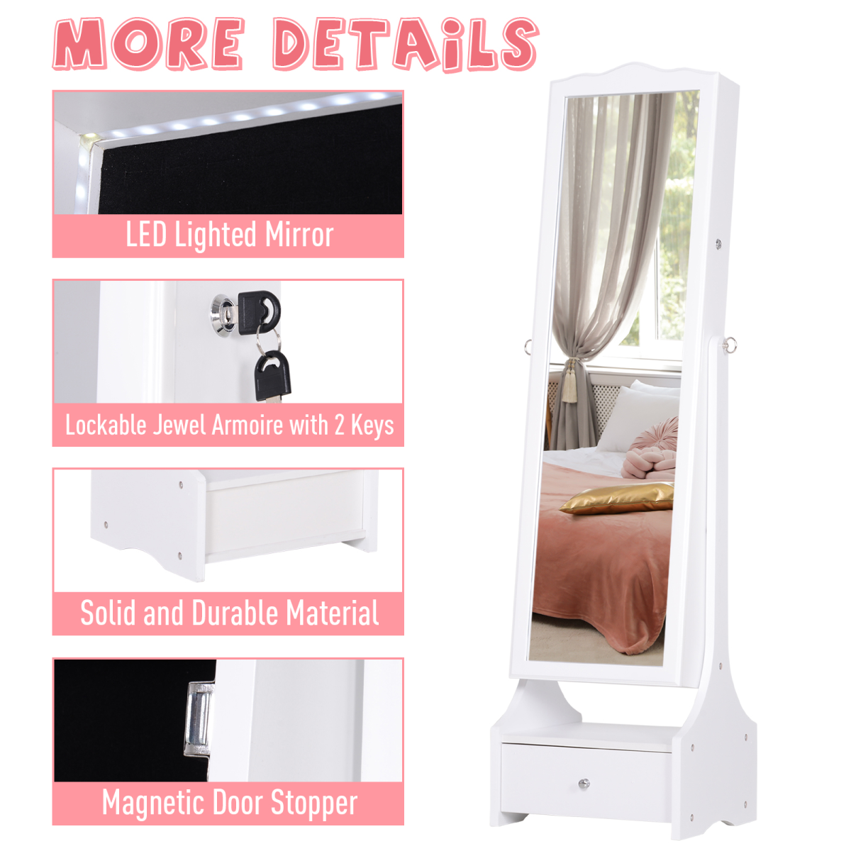 Floor-Standing Mirrored Jewellery Armoire with Lock & LED Light – Full-Length Mirror Cabinet, White