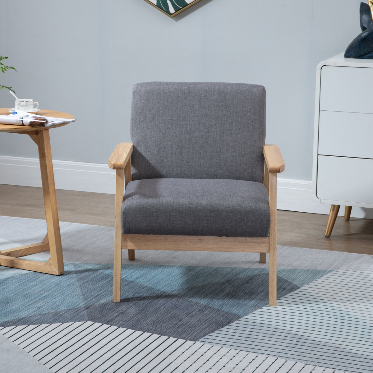 HOMCOM Linen Upholstered Accent Armchair with Solid Pine Wood Frame and Thick Cushions – Grey/Oak