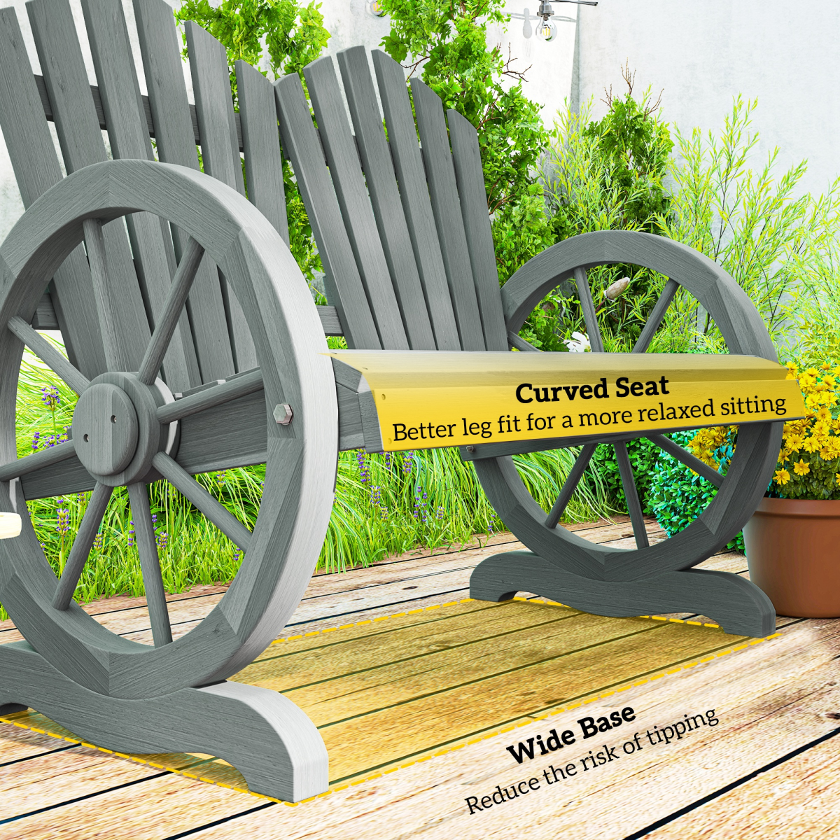 Outsunny Grey Fir Wood Outdoor Chair with Wheel-Shaped Armrest & Ergonomic Back Support – 250kg Capacity Garden Seating