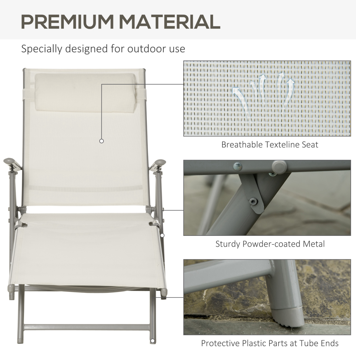 Outsunny Foldable Sun Lounger with 7-Level Adjustable Backrest, Padded Seat and Pillow – Textilene, White
