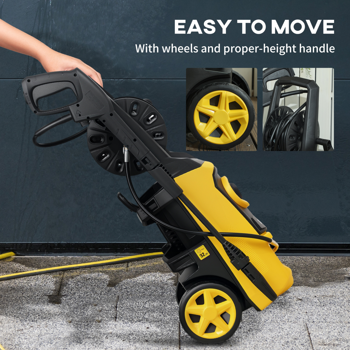 DURHAND 1800W Portable Pressure Washer, 150 Bar, 510 L/h with Foam Bottle and Hose Reel – Yellow