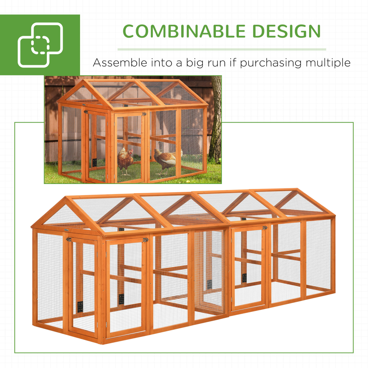 PawHut Wooden Chicken Run with Multiple Doors & Combinable Design – Spacious Coop for 3–6 Chickens, Orange