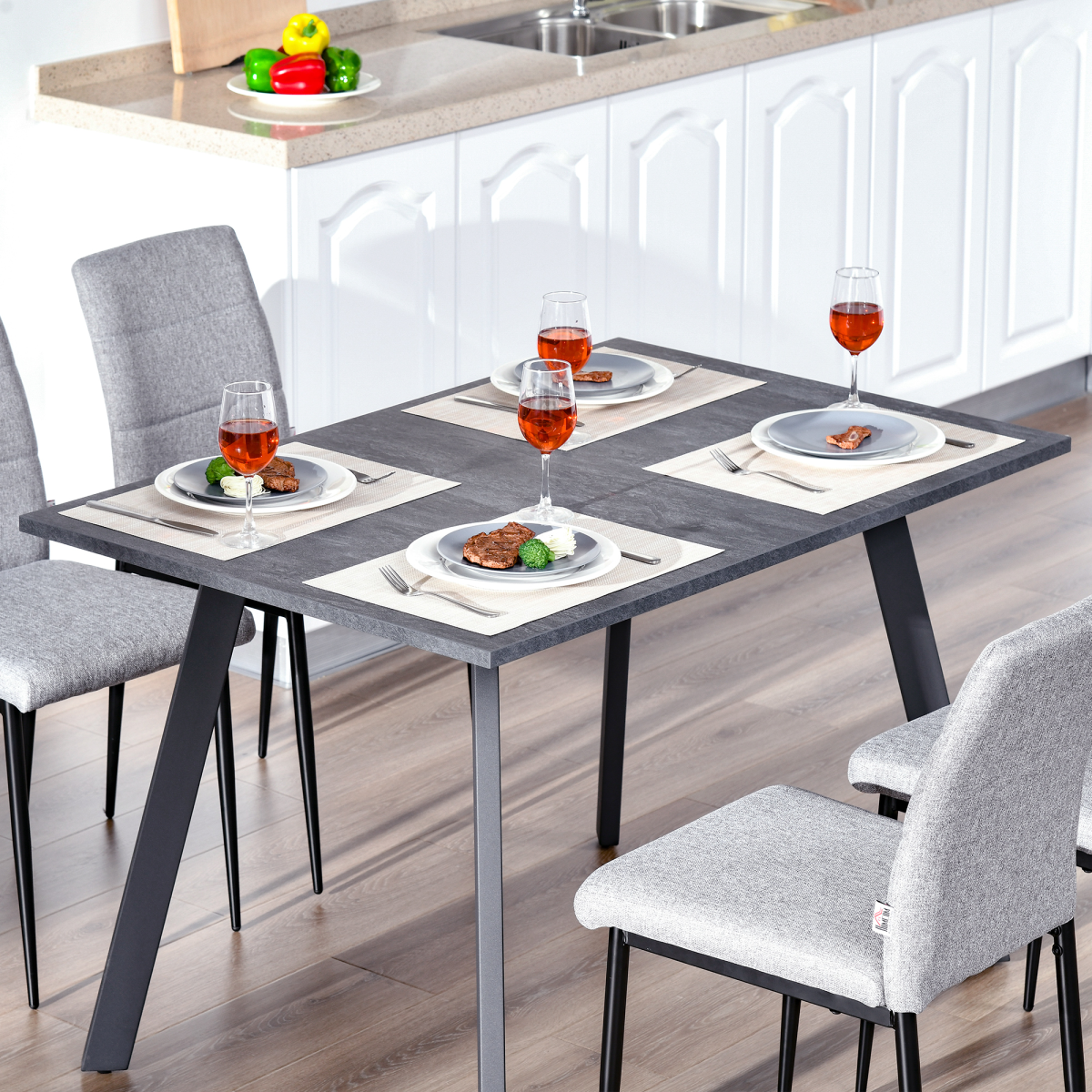 Modern Rectangular Dining Table with Powder-Coated Metal Legs & Adjustable Feet – Seats Four, Dark Grey