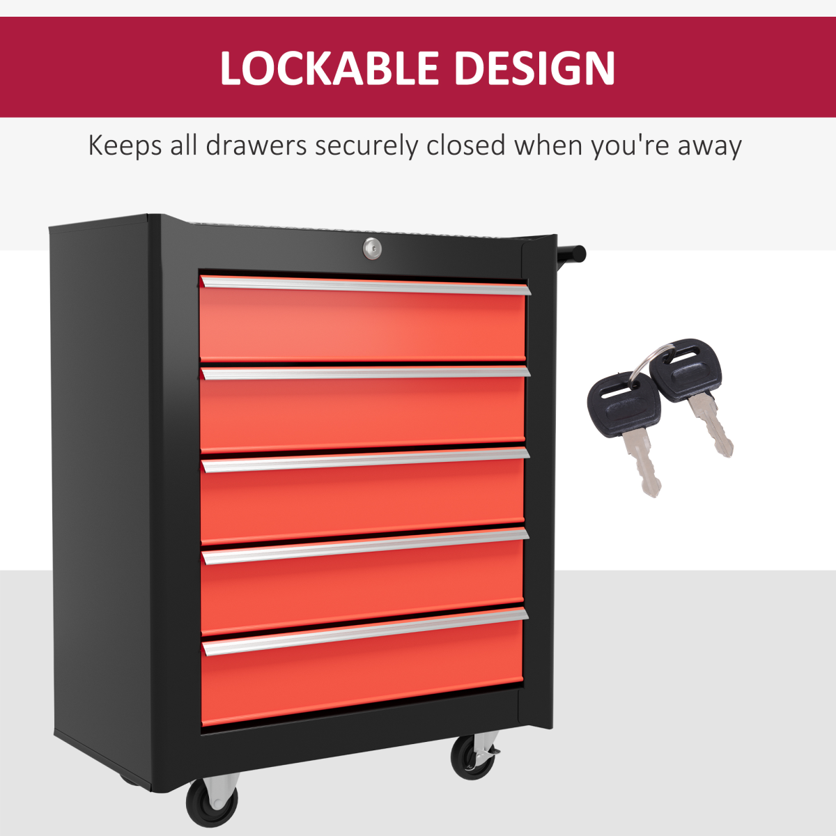 HOMCOM 5-Drawer Lockable Steel Tool Chest on Wheels – Garage & Workshop Tool Storage, Red