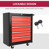 HOMCOM 5-Drawer Lockable Steel Tool Chest on Wheels – Garage & Workshop Tool Storage, Red