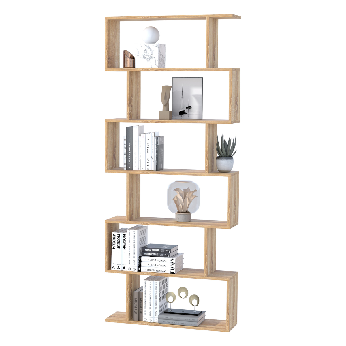 6-Tier Modern S-Shaped Wooden Shelf Storage Unit – Bookcase & Display Cabinet for Home Office, Oak Colour