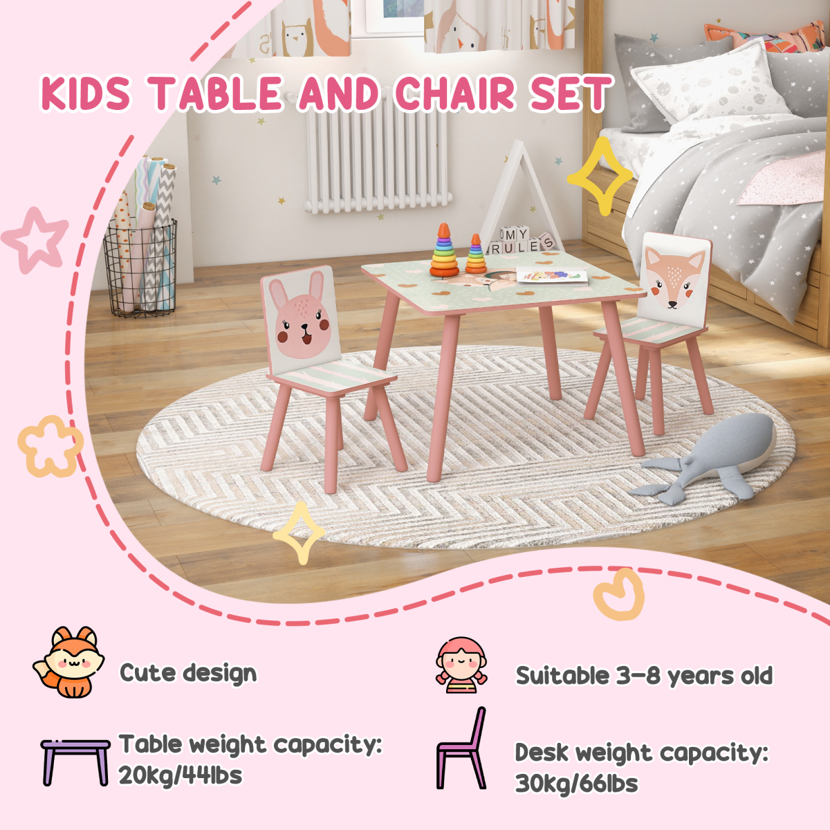 ZONEKIZ Kids Table and 2 Chairs Set with Rounded Edges – Children's Desk for Arts, Crafts & Homework, Pink