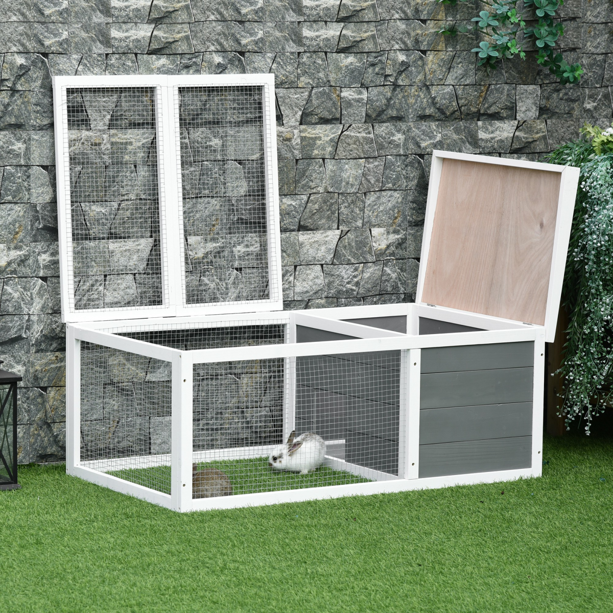 Pawhut Rabbit Hutch with Run Cover & Water-Resistant Asphalt Roof – Indoor & Outdoor Small Animal Cage