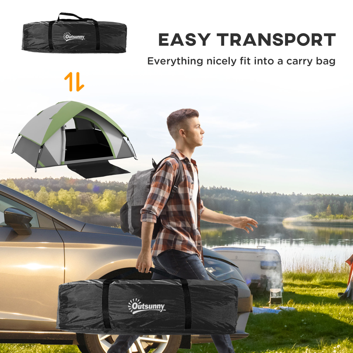 Outsunny 2 Man Camping Tent with Sewn-in Groundsheet, 3000mm Waterproof – One Room Tent with Carry Bag, Green