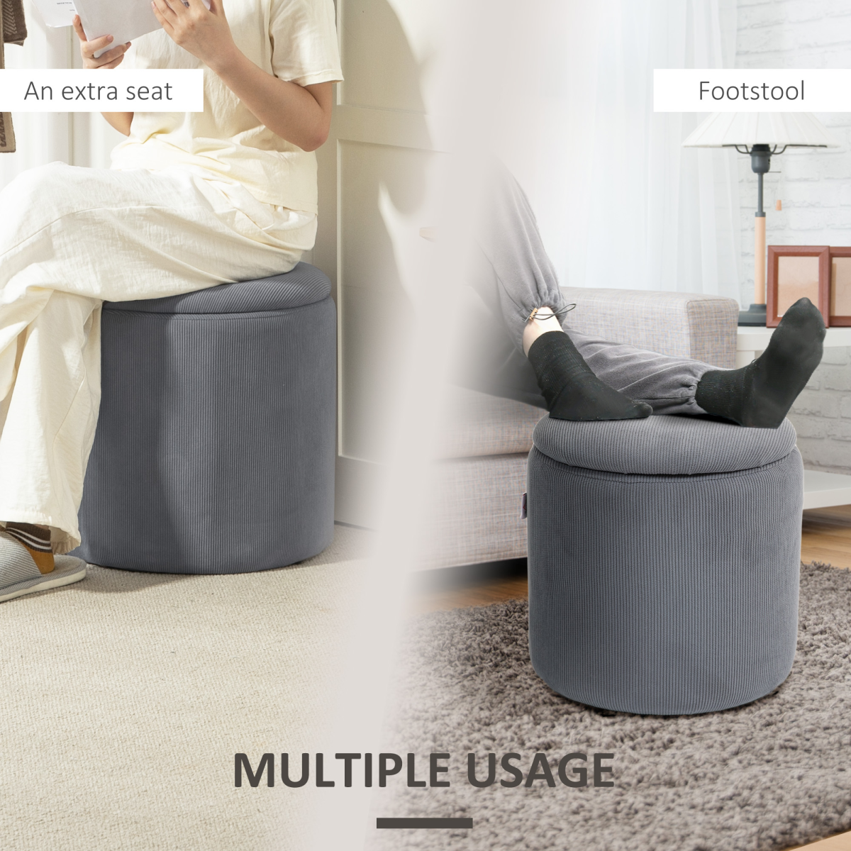 HOMCOM Fabric Storage Ottoman Set of 2 with Removable Lids – Nesting Footstools, Corduroy, Light Grey