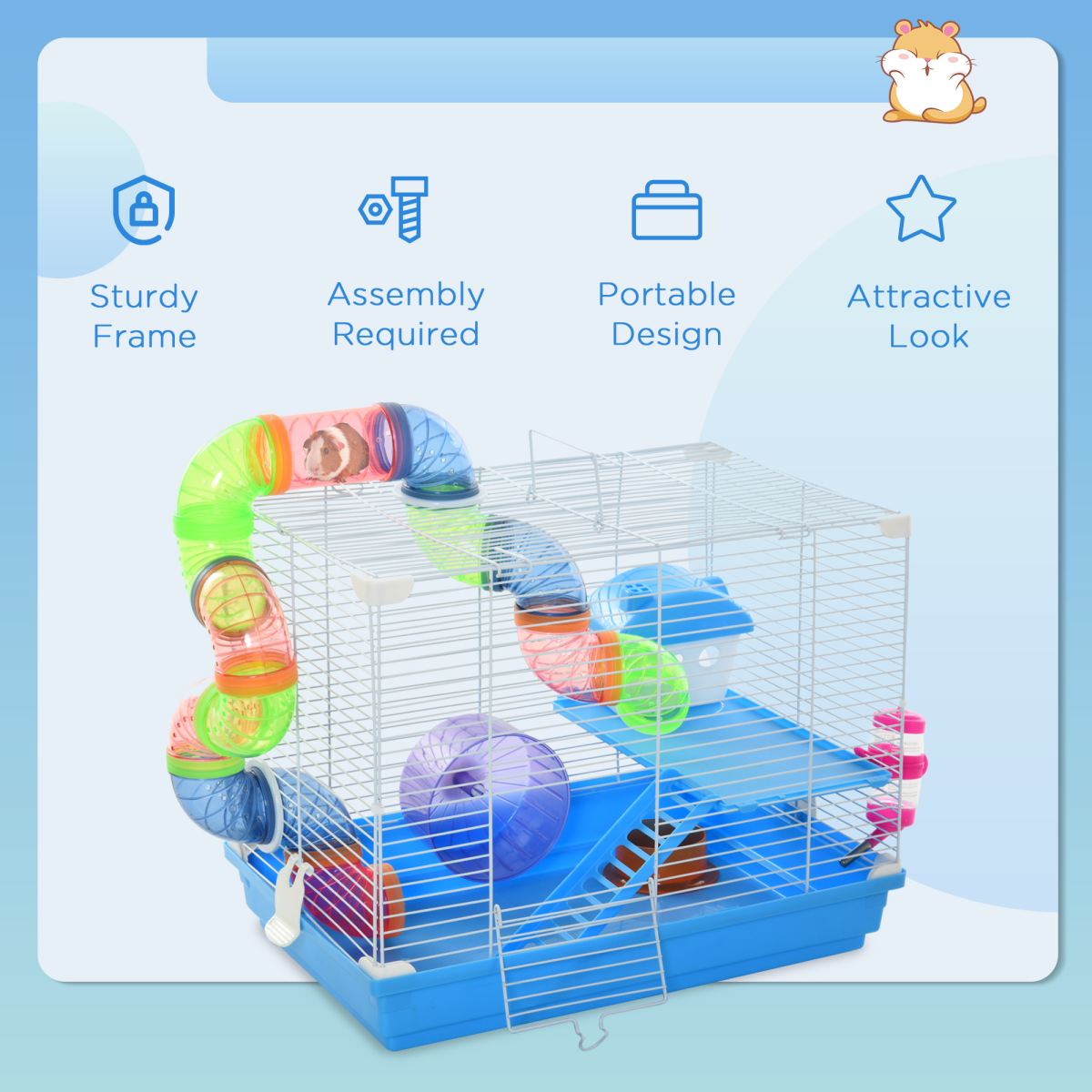 PawHut Hamster Cage Carrier with Exercise Wheel and Tunnel Tube – Small Animal House for Hamsters and Gerbils