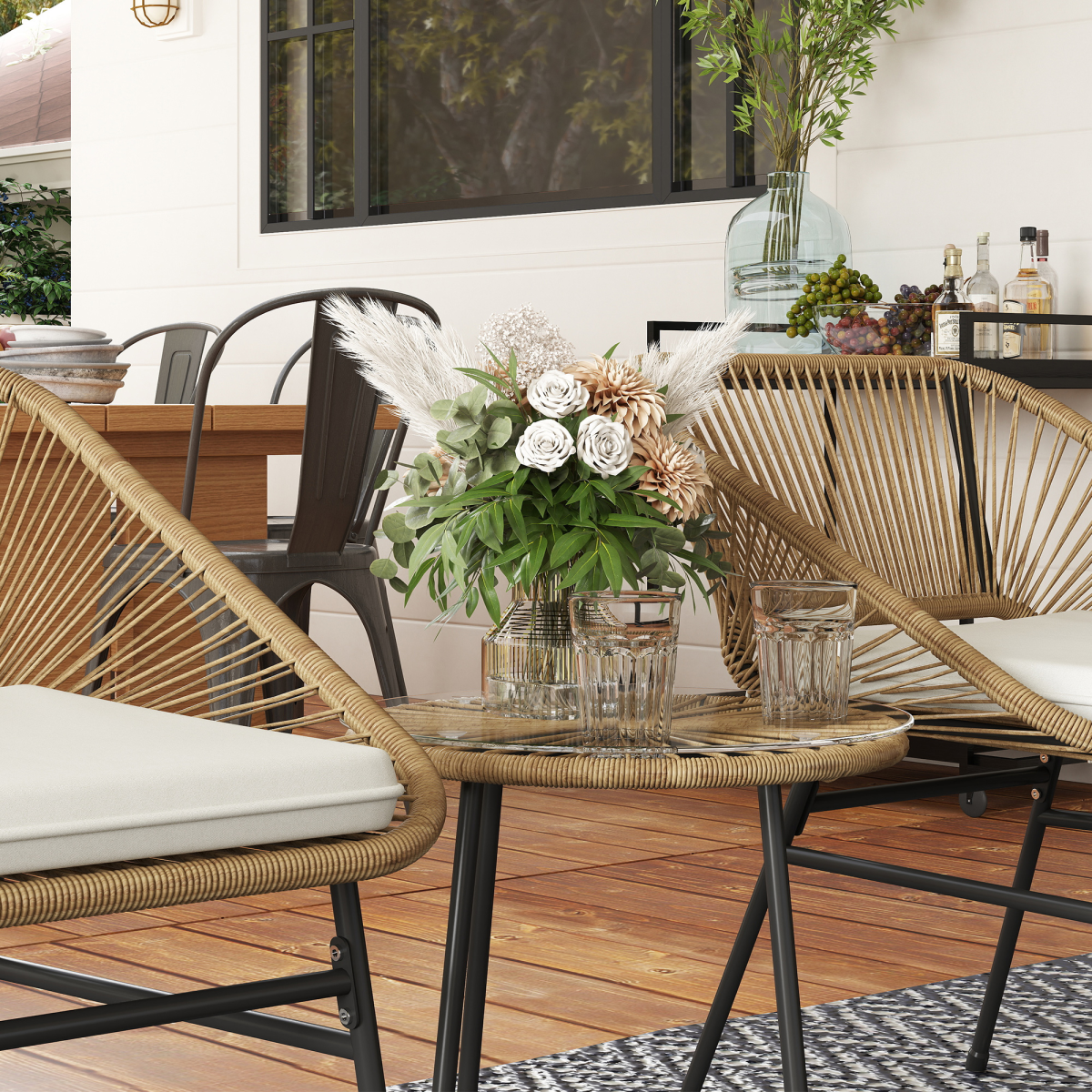 Outsunny 3-Piece Rattan Bistro Set with Cushions & Tempered Glass Table – Small Balcony Garden Furniture