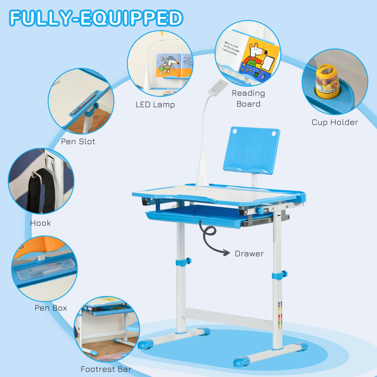 HOMCOM Kids Study Desk and Chair Set with USB Lamp, Tiltable Tabletop and Adjustable Height, Blue