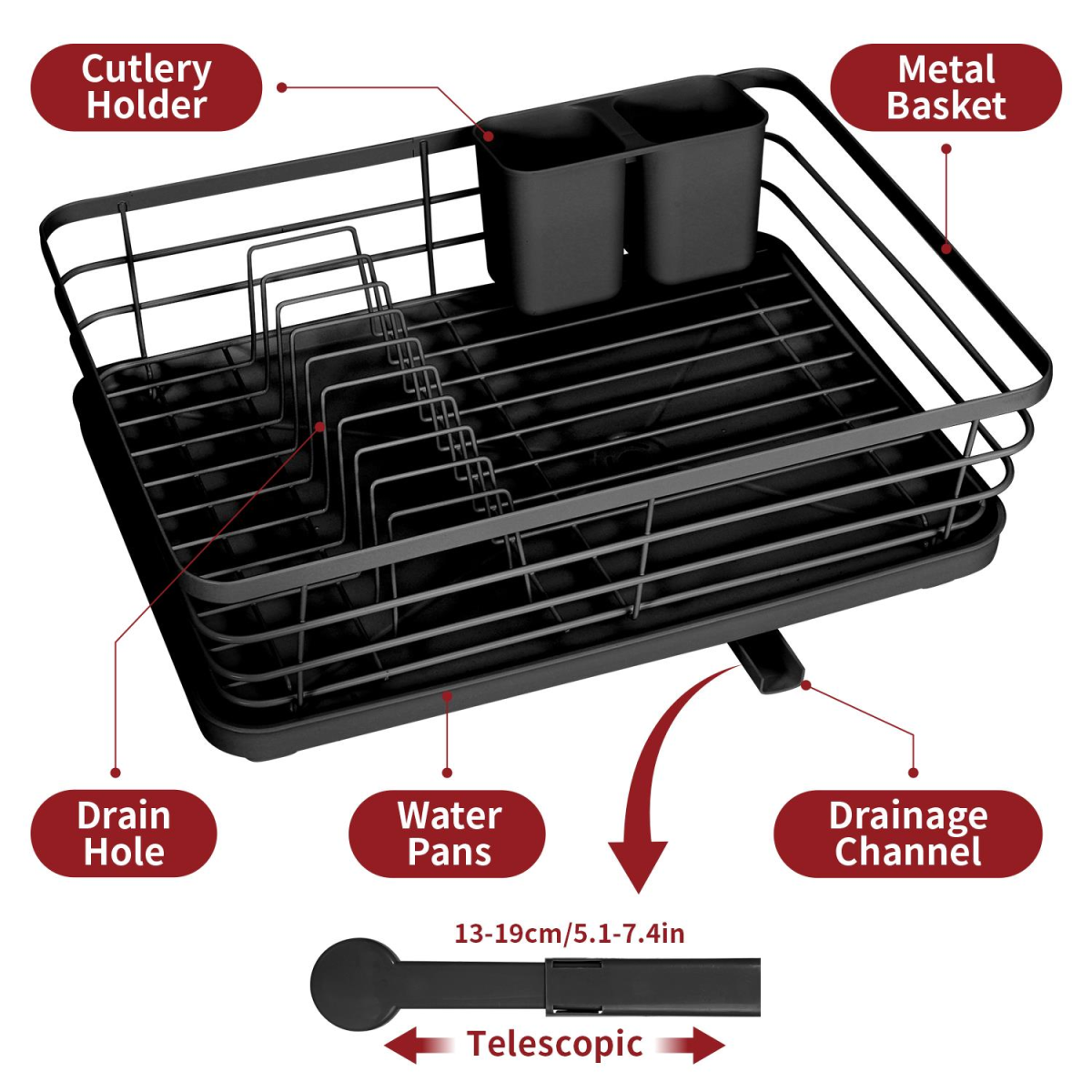 Vinsani Stainless Steel Dish Rack with Rotating Drainage Tube & Utensil Holder – Space-Saving Drainer