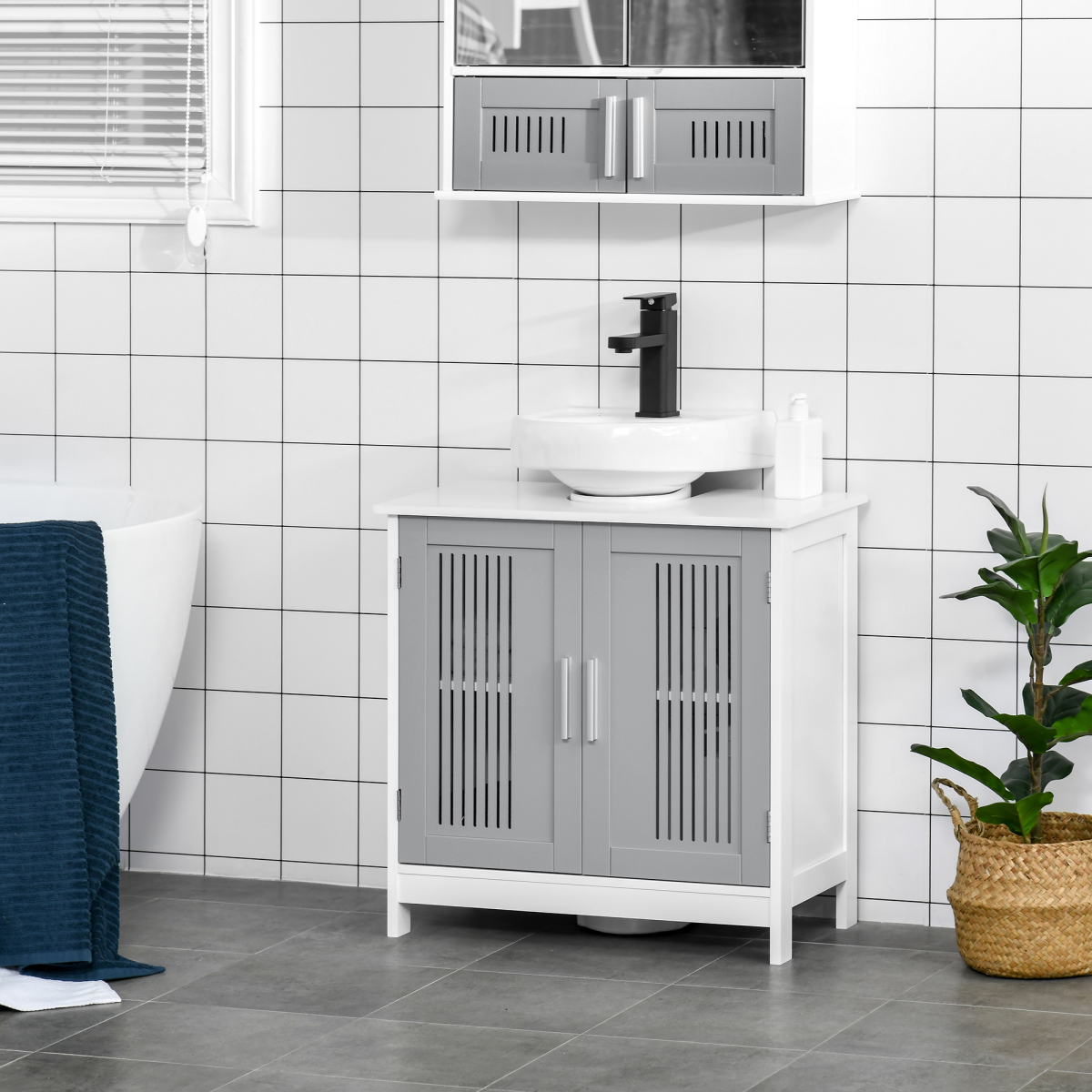 kleankin Modern Under Sink Cabinet with 2 Slatted Doors – Bathroom Vanity Storage Unit, White