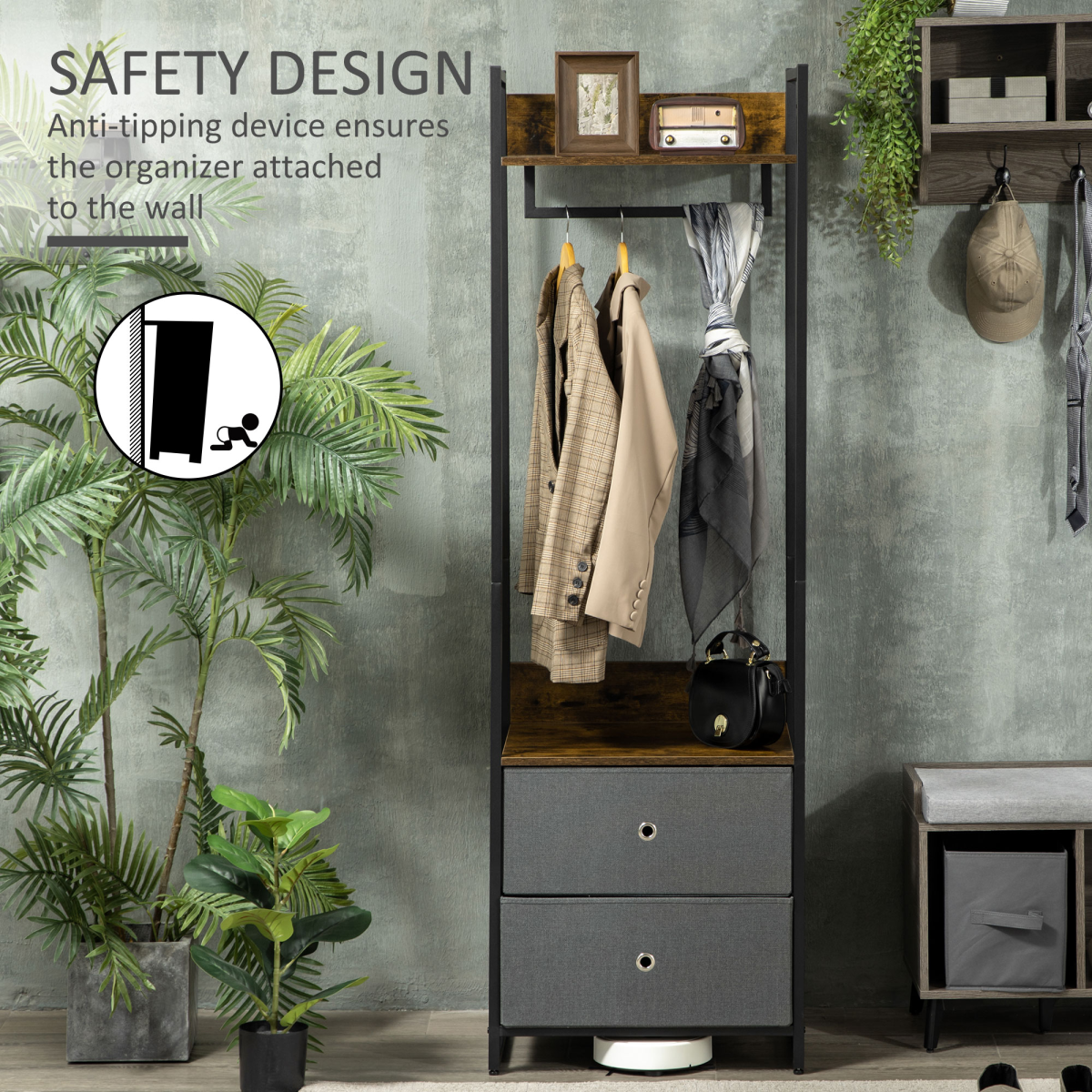Industrial Clothes Rail with 2 Fabric Drawers & Top Shelf – Open Wardrobe Storage, Rustic Brown