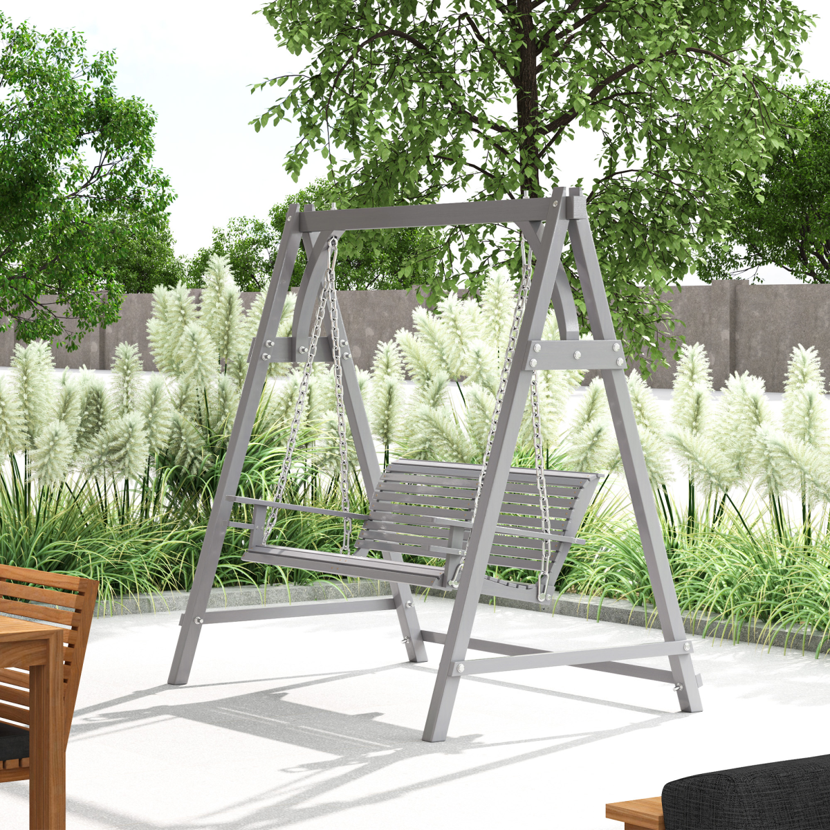 Outsunny 2-Seater Wooden Garden Swing Seat with Cup Trays & Steel Chains – Hammock Bench, Grey