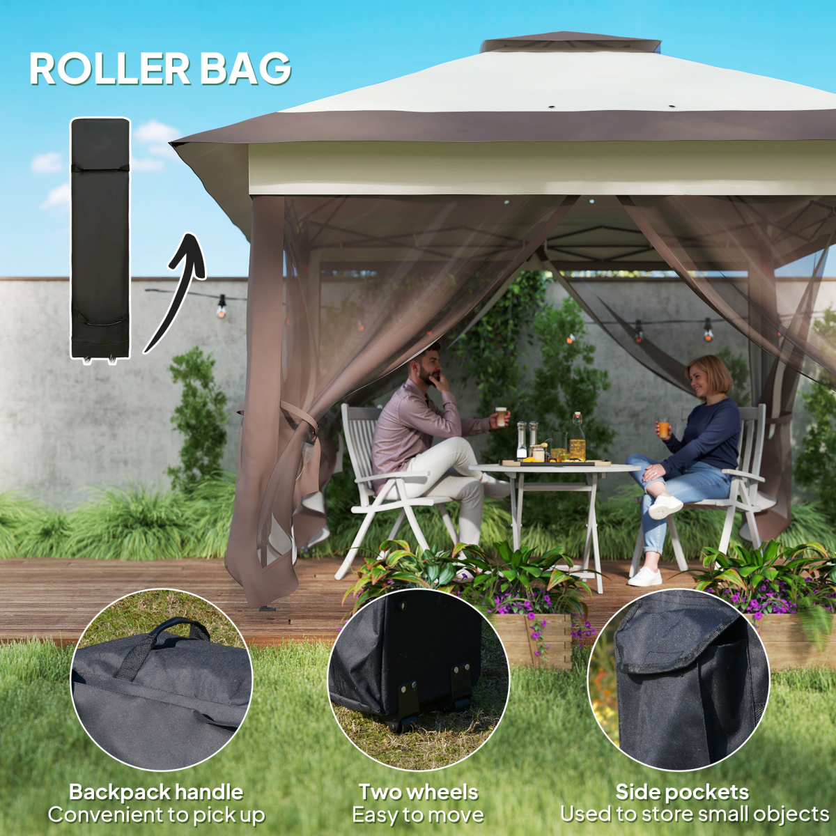 Outsunny Folding Canopy Tent with 3-Level Adjustable Height, Mesh Side Walls & Roller Bag – Portable Shelter