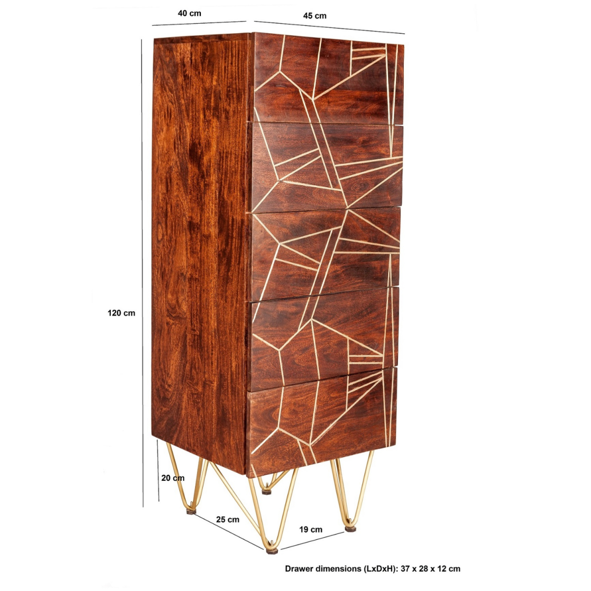 Indian Hub Dark Gold Tall Chest of Drawers, Solid Wood with Metal Inlay