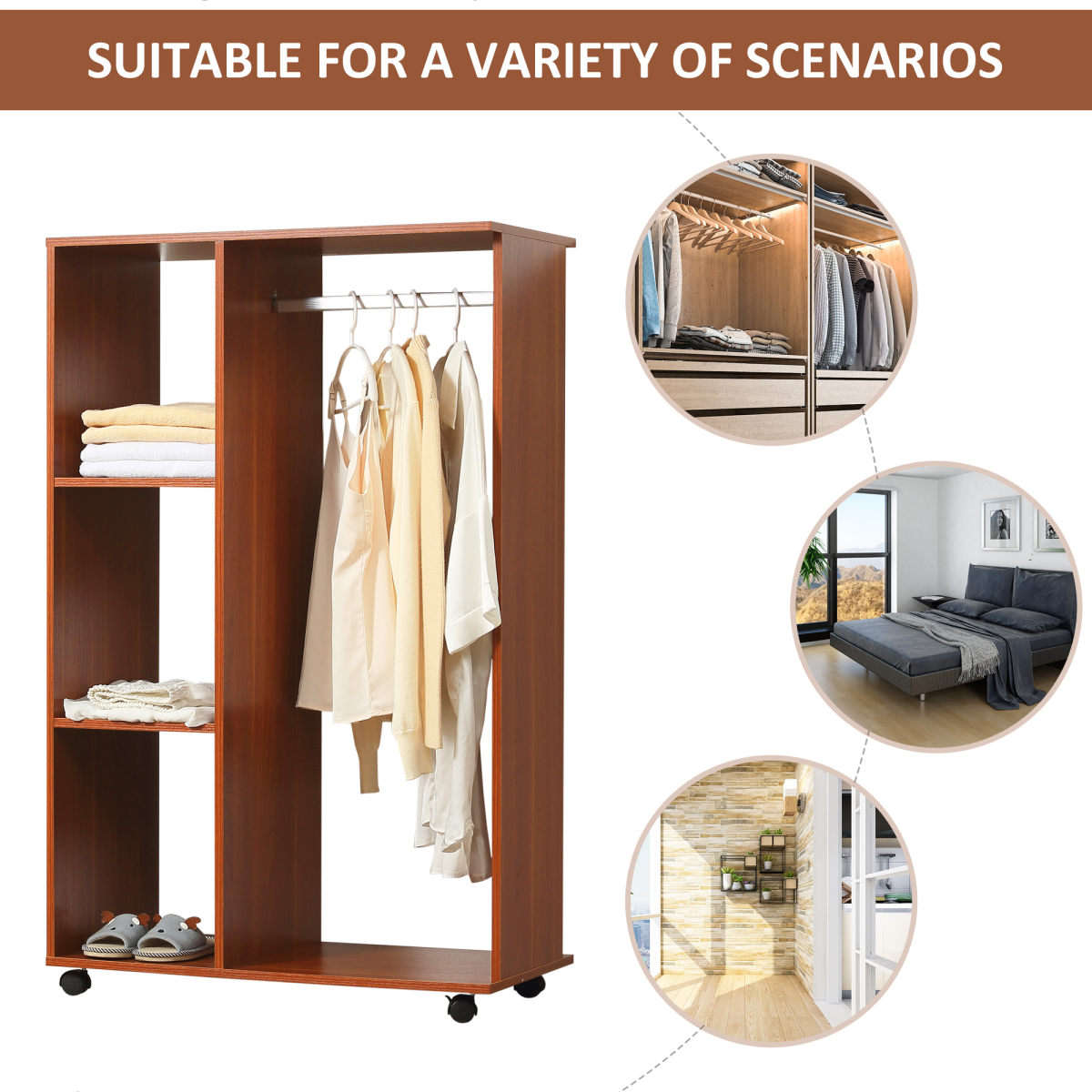 HOMCOM Open Wardrobe with Hanging Rail, 3 Cubbies and Wheels – Mobile Bedroom Storage, Walnut