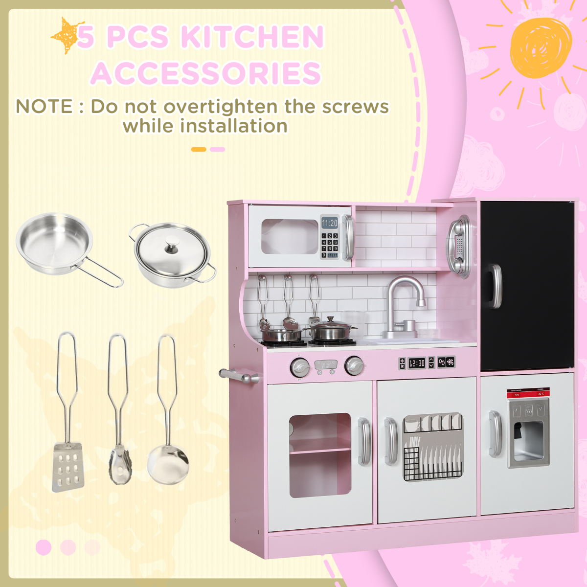 AIYAPLAY Play Kitchen with Toy Phone, Chalkboard, Sink and Ice Maker – Pretend Toy Kitchen Set, Pink