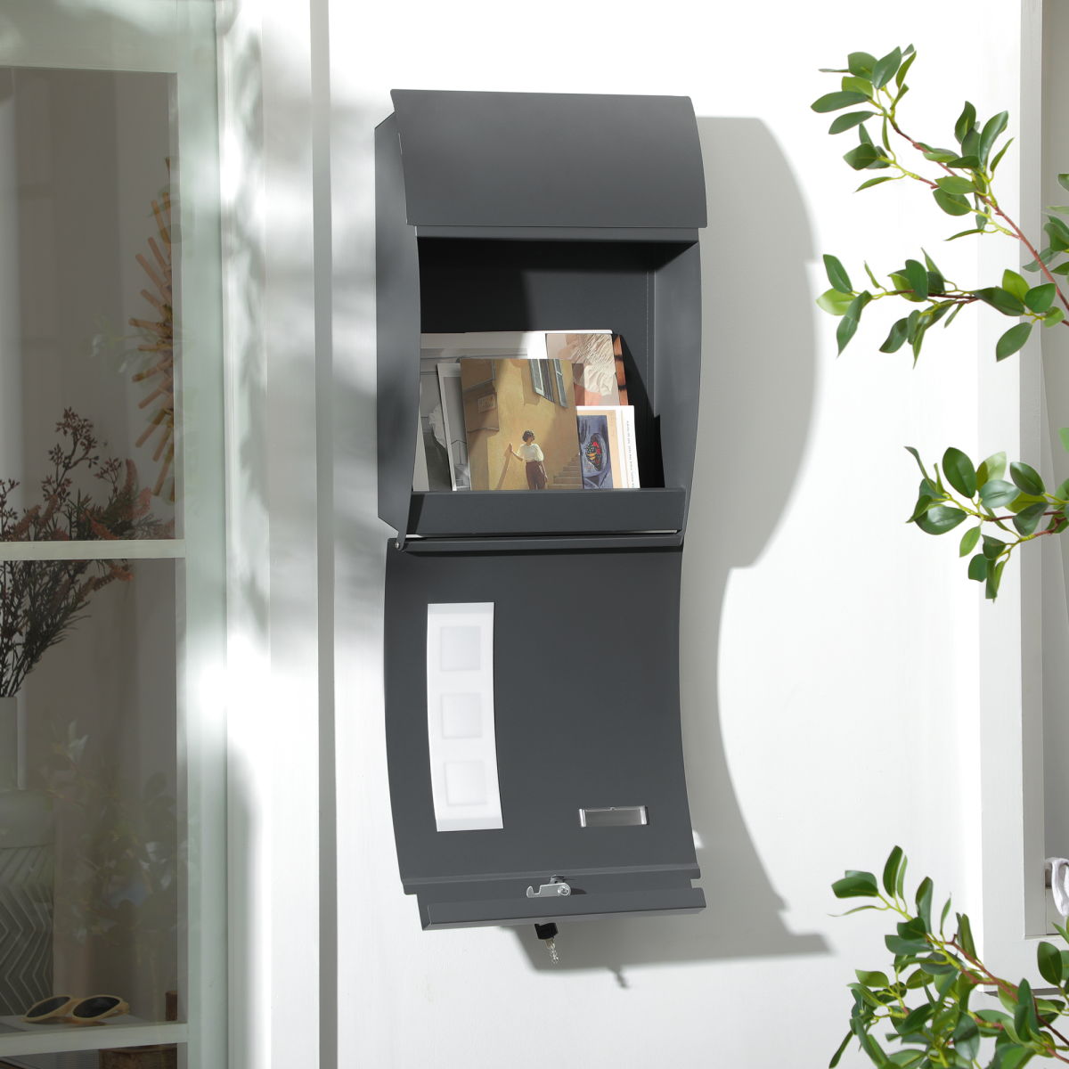 HOMCOM Lockable Wall-Mounted Letter Box with Viewing Windows – Weatherproof Galvanised Steel Post Box