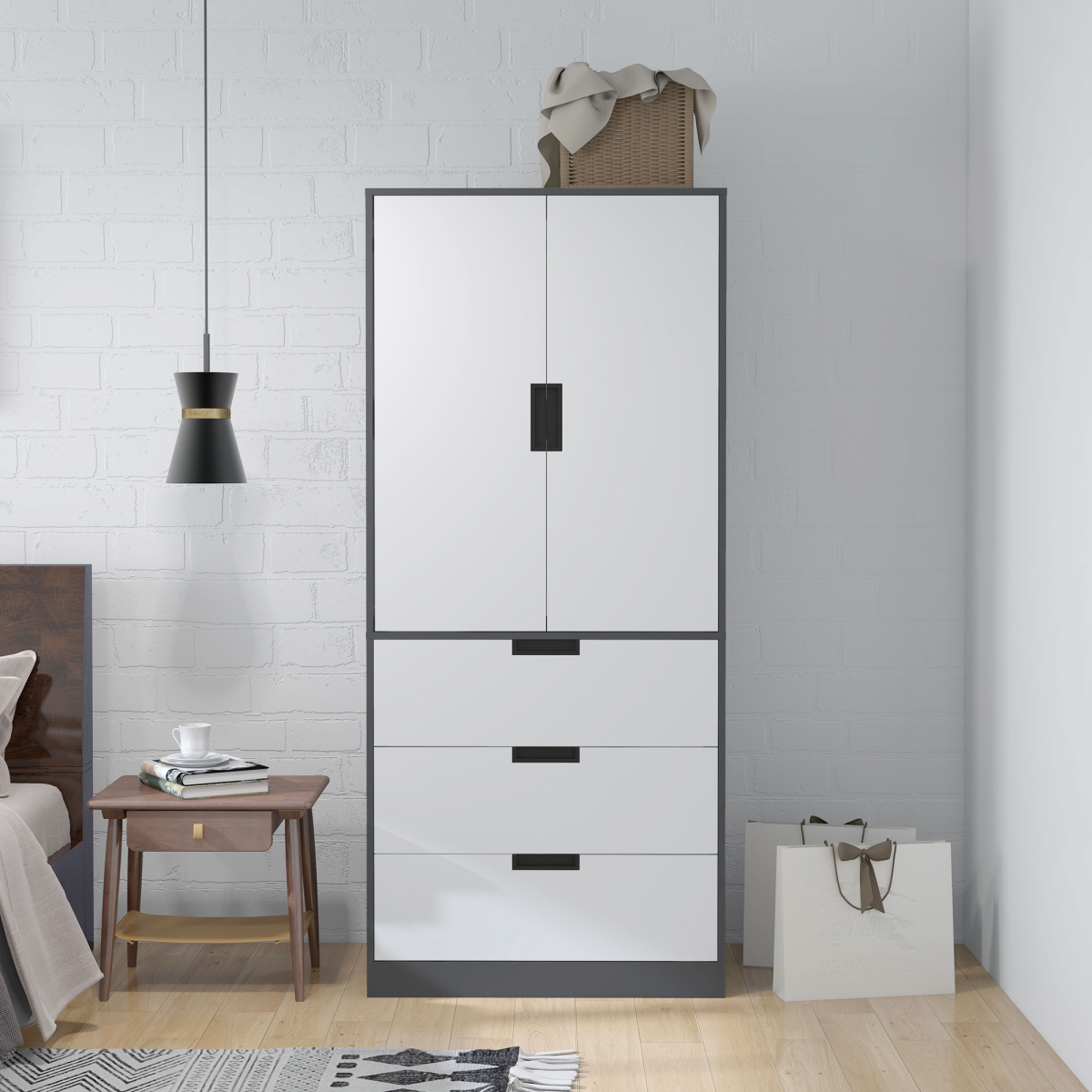 HOMCOM 2-Door Wardrobe with 3 Drawers & Hanging Rail – Bedroom Storage, White & Grey