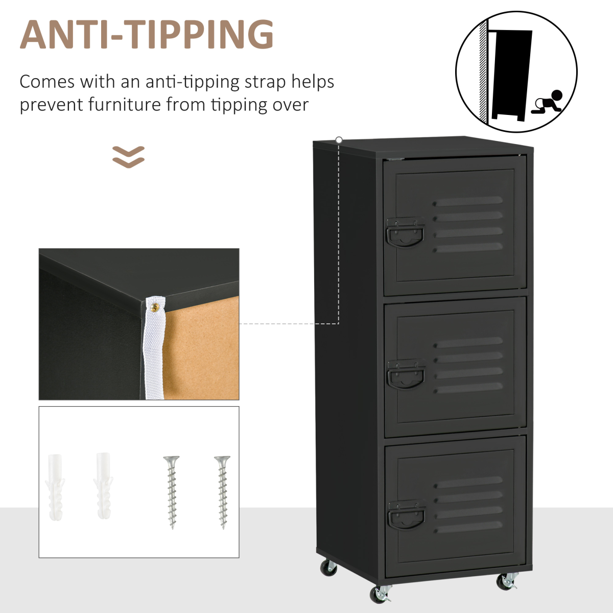Rolling Storage Cabinet with 3 Compartments, Metal Doors and Wheels – Industrial Mobile File Cabinet, Black