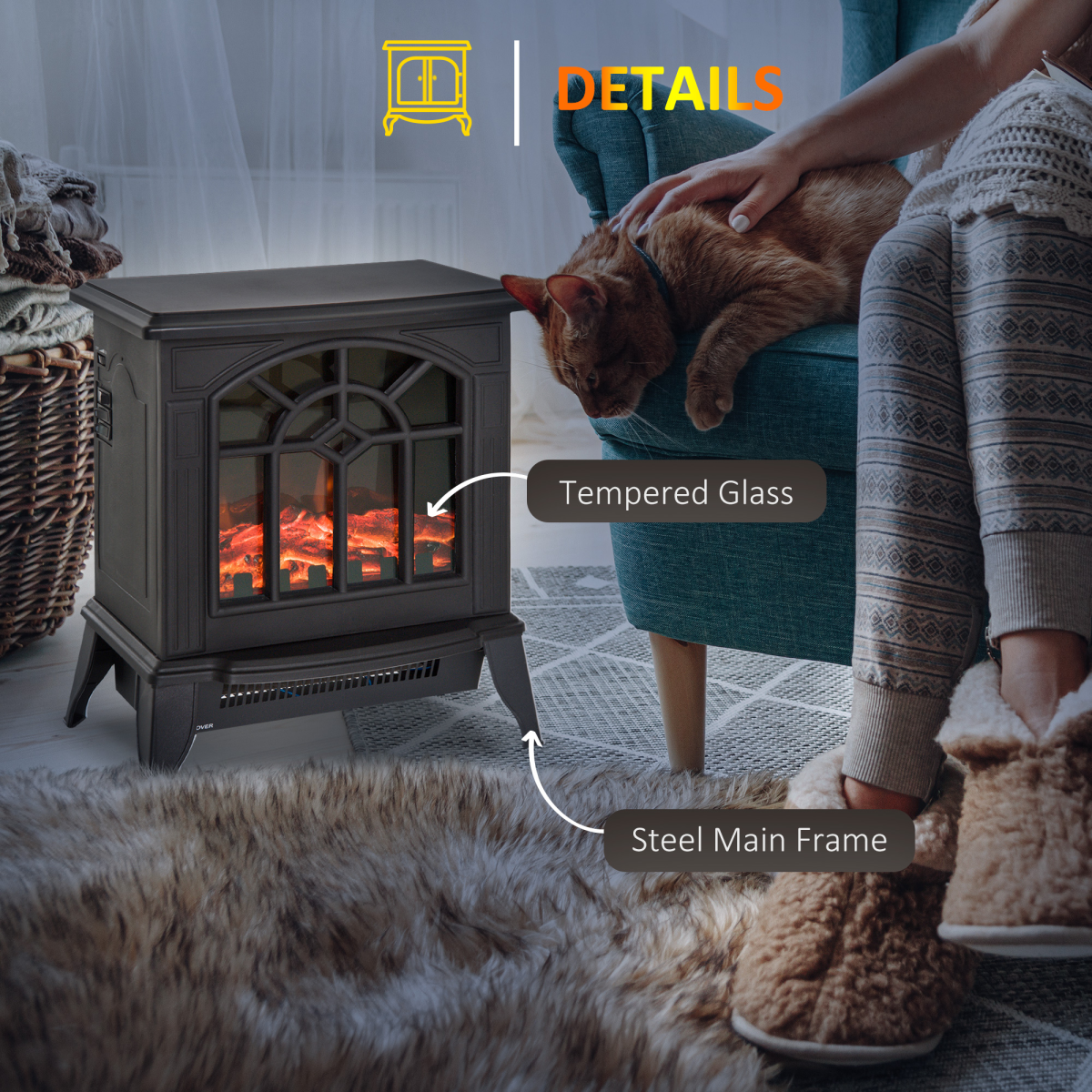 HOMCOM Electric Heater, 1000W/2000W with LED Charcoal Flame Effect & Thermostat – Cast Metal, Black