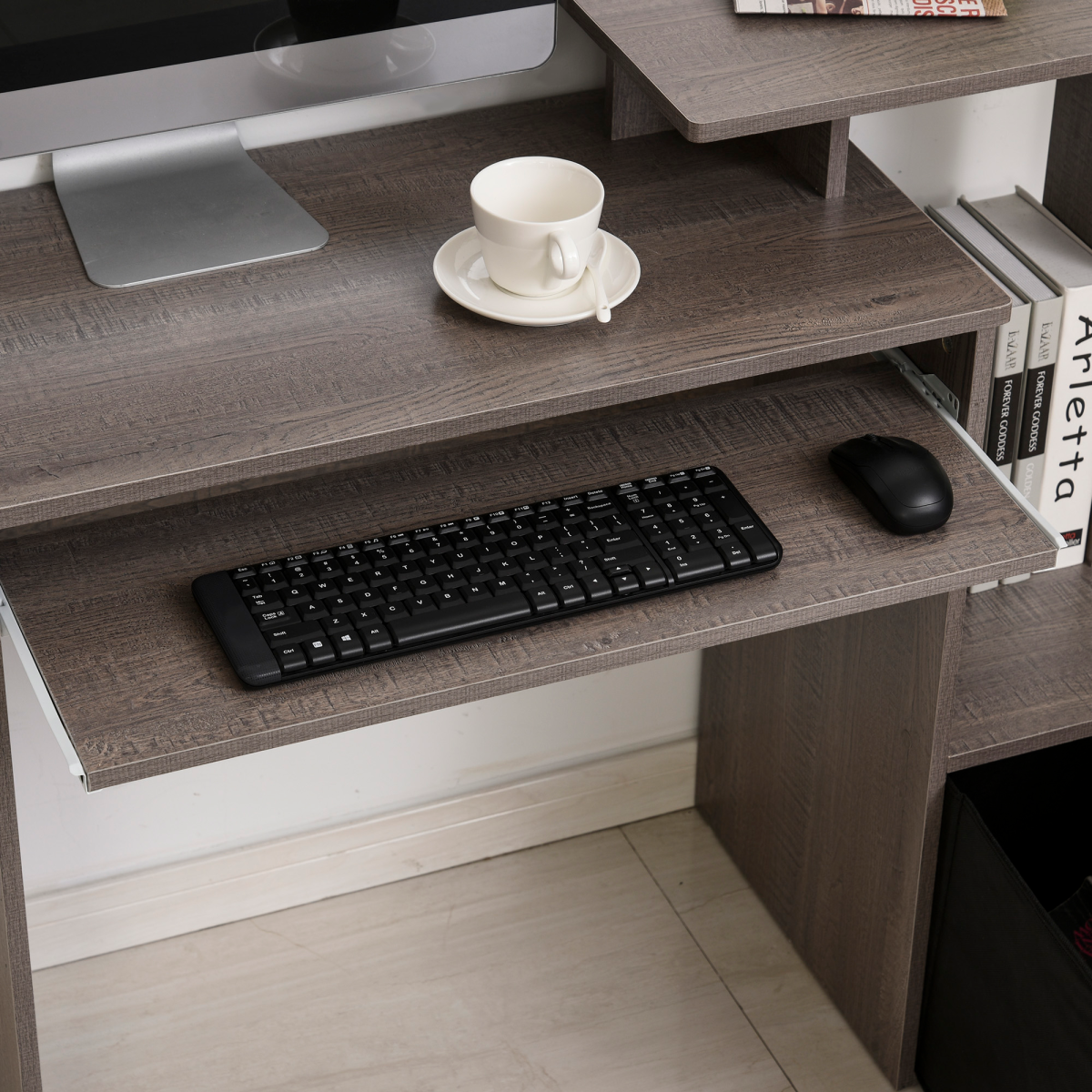 HOMCOM Computer Desk with Sliding Keyboard Tray, Storage Drawer & Shelf – Compact Home Office Desk, Grey